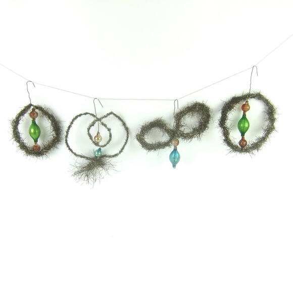 Antique Tinsel and Glass Christmas Ornaments Lot of 4 Green Blue Red